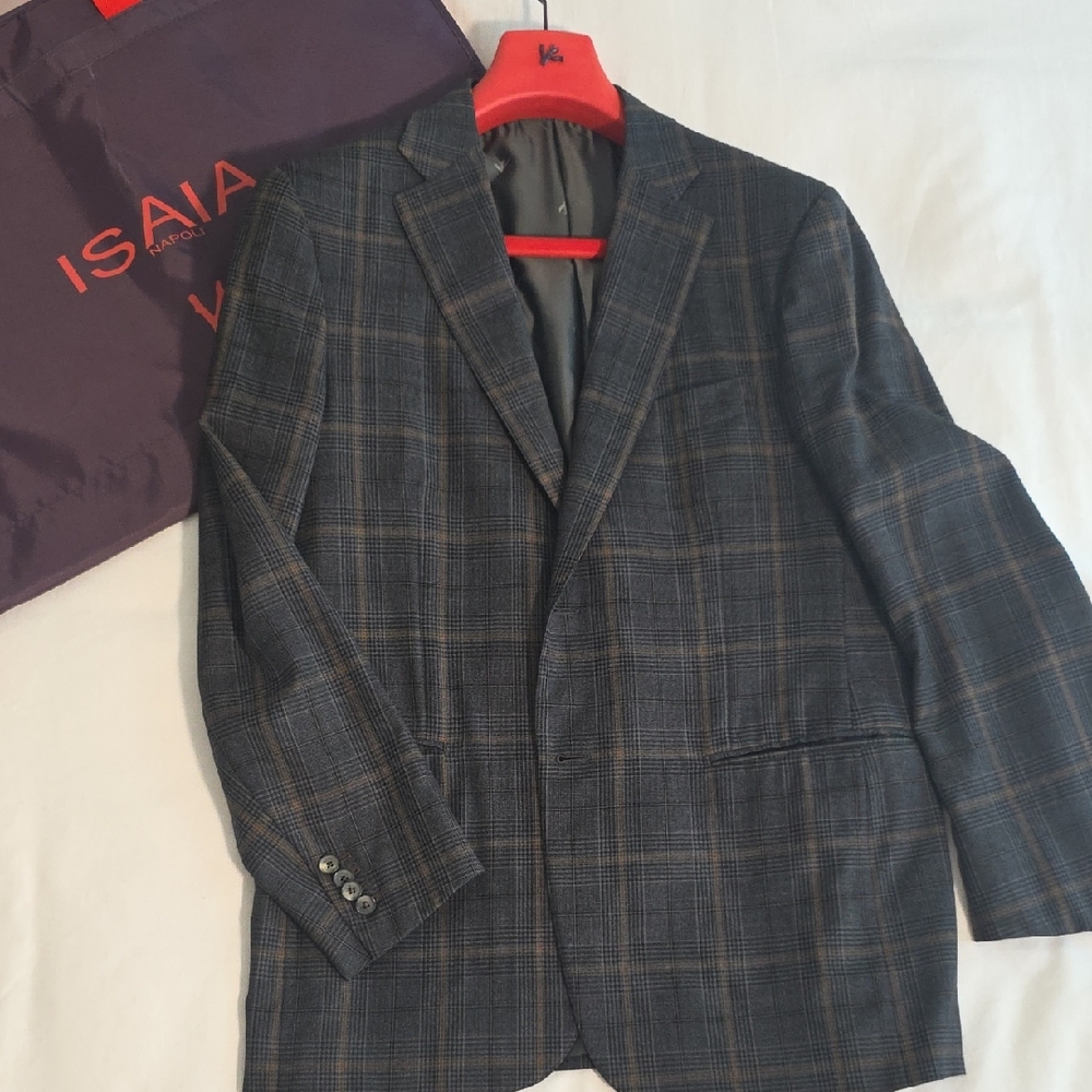 Isaia Delilah Grey & Gold Plaid Blazer, 52 IT, 42 US